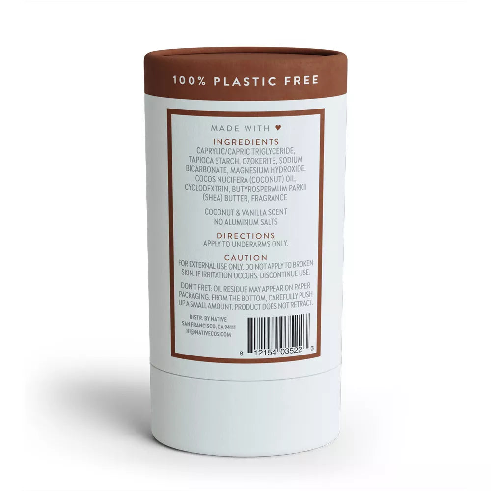 Native Plastic Free Deodorant - Coconut & Vanilla - Aluminum Free - 2.65 oz