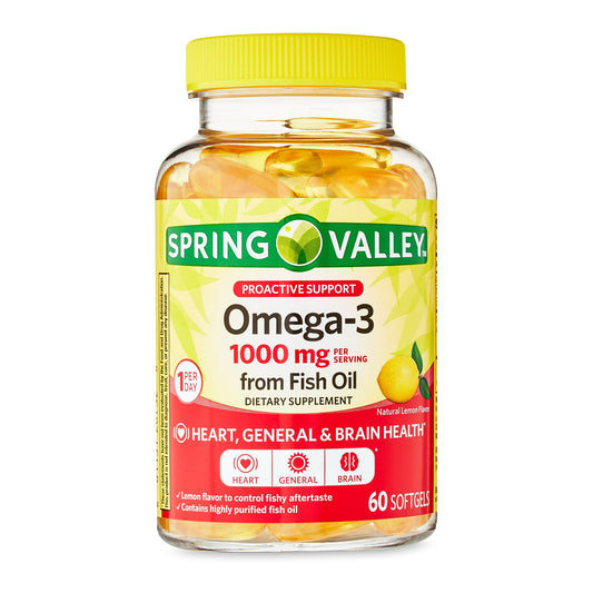 Spring Valley Proactive Support Omega-3 from Fish Oil Heart General & Brain Health Dietary Supplement Softgels, 1000 mg, 60 Count