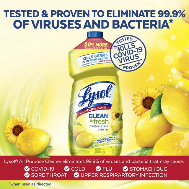 Lysol Multi-Surface Cleaner, Sanitizing and Disinfecting Pour, to Clean and Deodorize, Sparkling Lemon & Sunflower Essence, 48oz