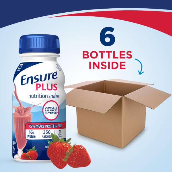 Ensure Plus Nutrition Shake with 13 grams of high-quality protein, Meal Replacement Shakes, Strawberry, 8 fl oz, 6 count